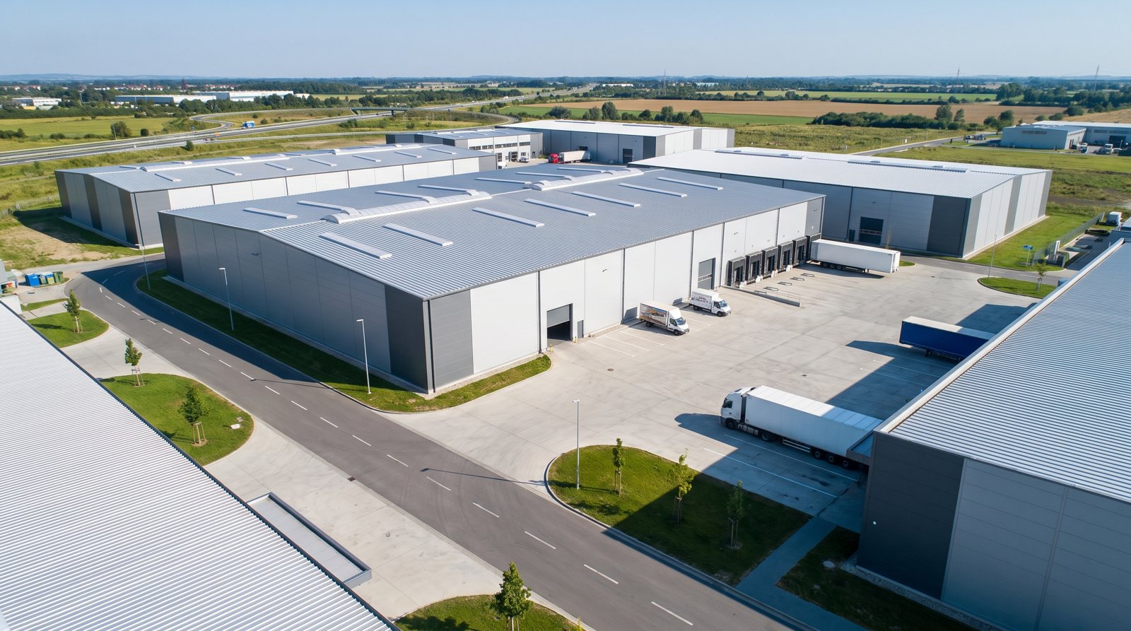 Parco industriale con capannoni in acciaio e pannelli sandwich
